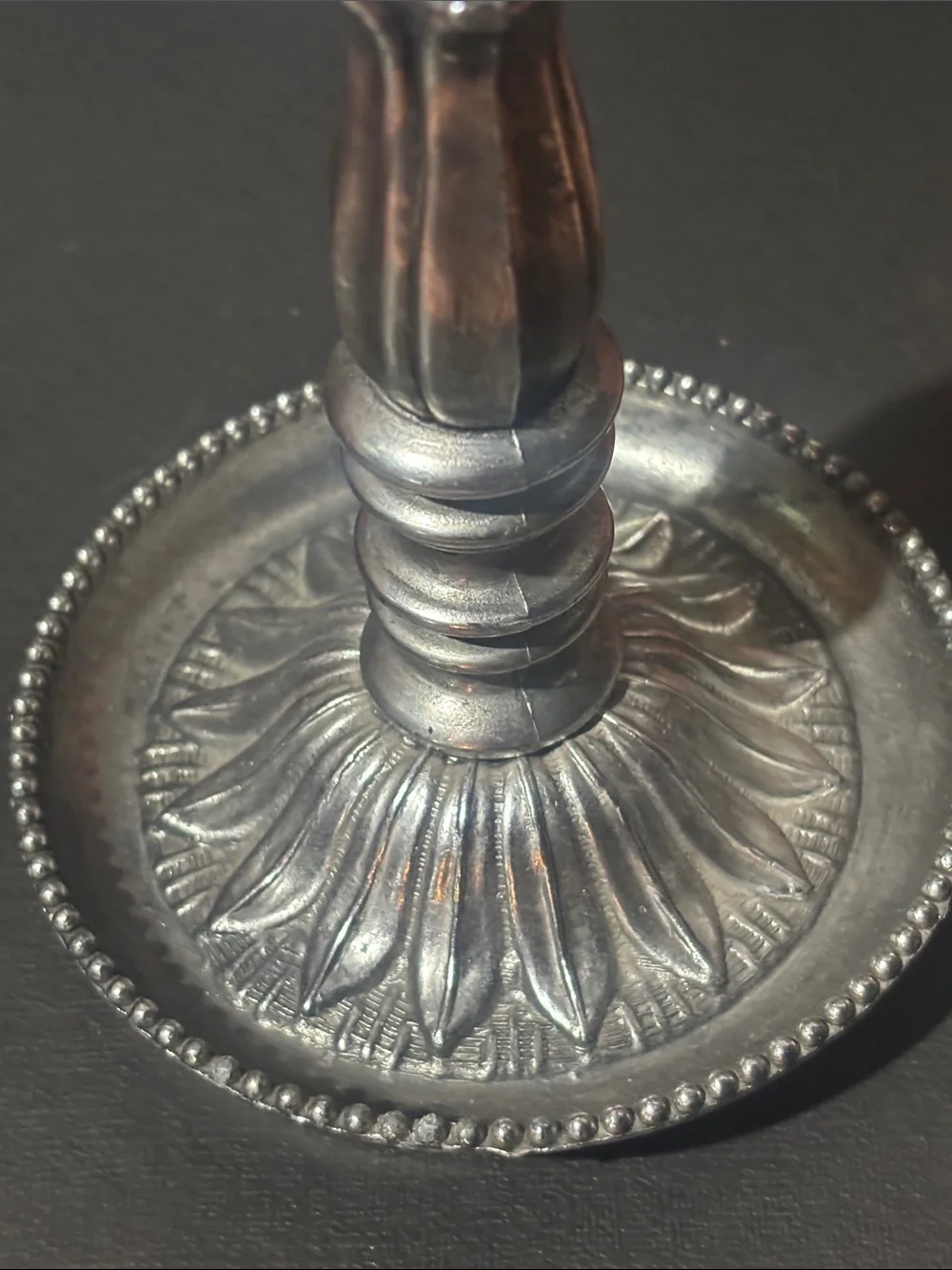 Vintage silver tone pillar candlestick ornate decorative metal home decor